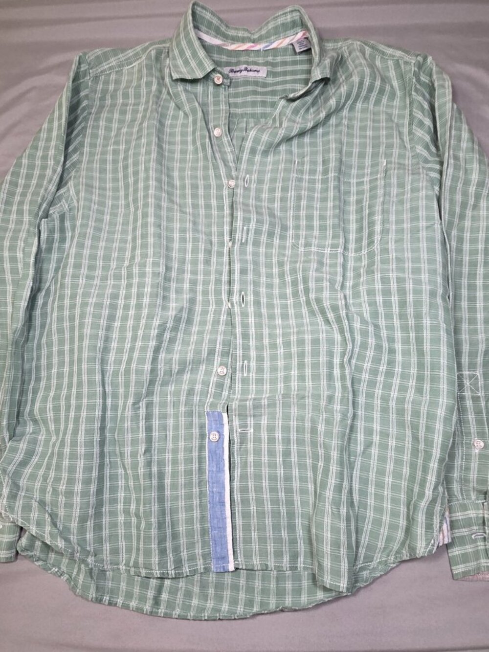 Tommy Bahama Sage Green Windowpane Linen Tencel Button Front Shirt Mens M